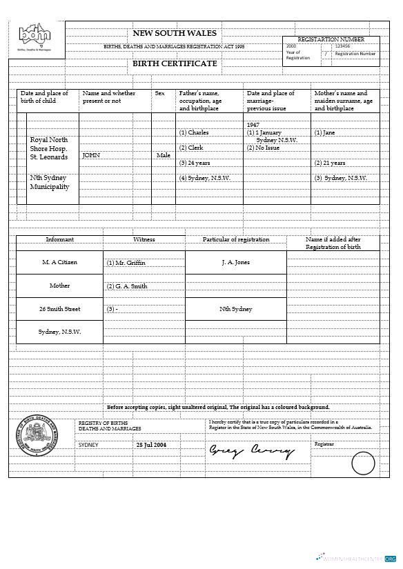 Download Australia New South Wales birth certificate template in Word format, version 1 Photoshop template